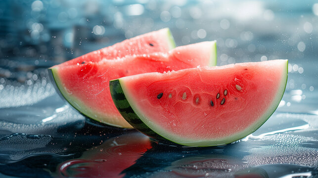 Juicy watermelon with sliced isolated on white background. Whole and slice of ripe watermelon.  Fruit stand in the summer, ripe watermelon. Water splashing on Sliced of watermelon on blue background 