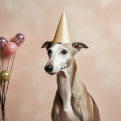 Obraz premium greyhound in the birthday hat against beige minimalistic wall