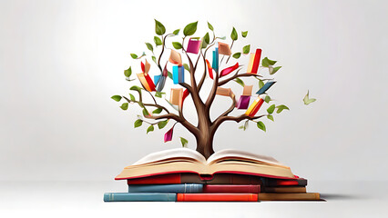 A tree with books in place of leaf, knowledge concept with colorful books on tree on white background, realistic, library