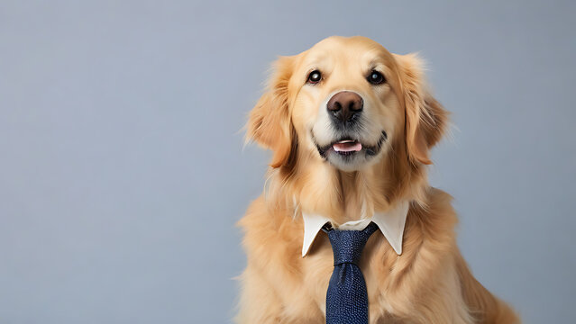 A pet dog concept friendly golden retriever dog wearing formal business suit workplace studio shot on plain color wall, loyal corporate