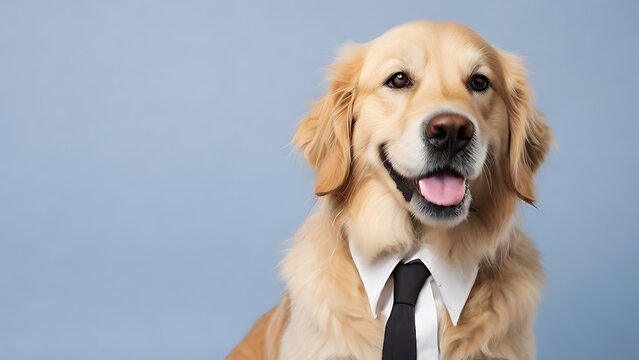 A pet dog concept friendly golden retriever dog wearing formal business suit workplace studio shot on plain color wall, office dog