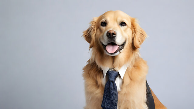 A pet dog concept friendly golden retriever dog wearing formal business suit workplace studio shot on plain color wall,
