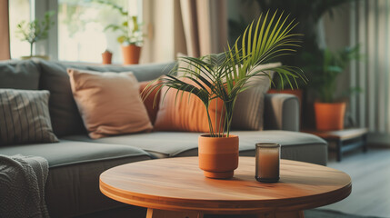 Modern Cozy Living Room with Comfortable Sofa, Peach-Tone Cushions, Round Wooden Coffee Table, Terracotta Vase, Candle, Green Houseplant, Bright Natural Light, Tranquil Scene Emphasizing Comfort and S