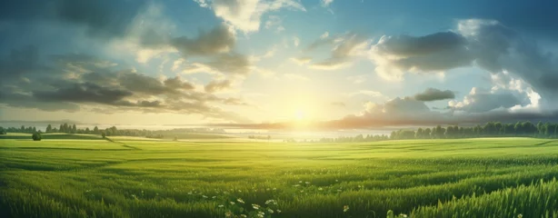 Fotobehang Green field with summer clear sky © tydeline