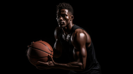 Fototapeta na wymiar An athletic basketball player in a defensive stance ready to engage in play, highlighted by dramatic shadows and lighting.