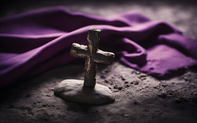 Ash Wednesday concept with a cross of ashes on a stone surface, purple cloth in the background, solemn and meditative mood, natural light - obrazy, fototapety, plakaty