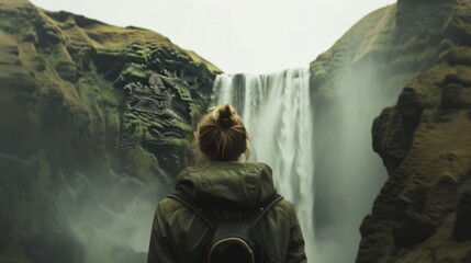 Woman overlooking waterfall at skogafoss, Iceland. Skógafoss, Ísland