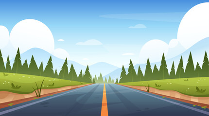Road landscape. Vector illustration of highway with spring mountains, hills, fields, beautiful sky. Road trip to horizon. Car adventure. Straight freeway for vacation, adventure, game, web banner