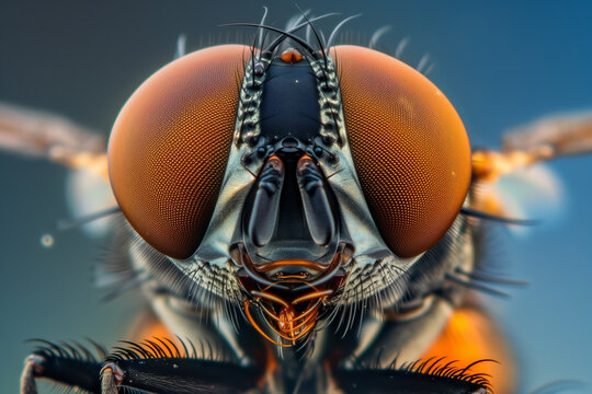 Close-up of a fly, showcasing intricate details of its head and eyes