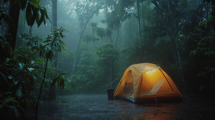 Rain on the tent in the quiet, calm tropical forest. - obrazy, fototapety, plakaty