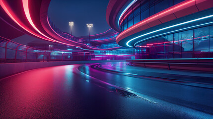 Streamlined neon glowing light design building exterior and racing track design street