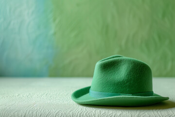 A green hat placed with a textured green wall