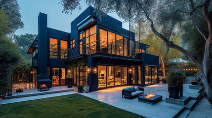 A state-of-the-art structure with a deep denim blue exterior, paired with a sparse backyard and a...