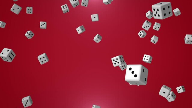 Abstract composition with realistic board game dice randomly falling with shiny red background , motion graphics , 3D render , video 4k , 60 fps