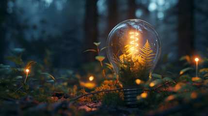 Natural terrarium inside a glass light bulb, against the backdrop of a night forest