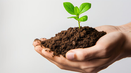 Hand holding earth-soil with sprout in hand on white background