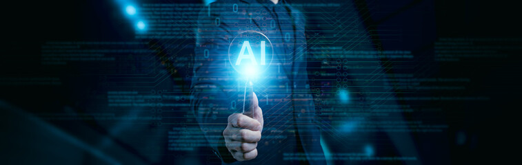 businessman using Ai technology in business by artificial intelligence,  smart robot AI, Futuristic technology transformation, using AI technology for developing running business on cloud computing