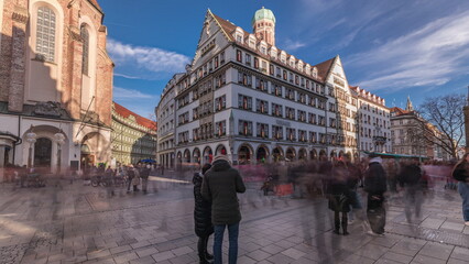 Kaufingerstrasse, shopping street and pedestrian zone in Munich downtown near the Marienplatz timelapse. Bavaria, Germany