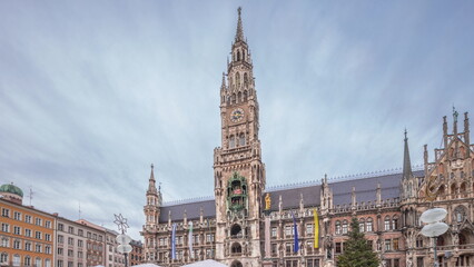 Naklejka premium Marienplazt Old Town Square with the New Town Hall timelapse hyperlapse. Bavaria, Germany
