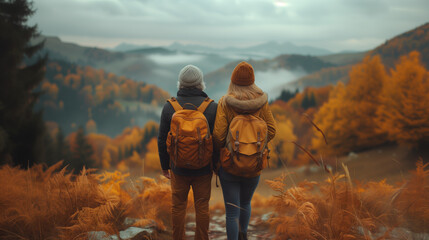 Couple hiking together in the mountains in autumn
