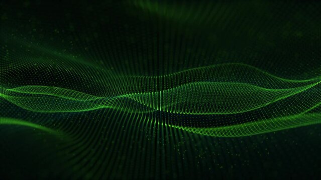 Seamless loop animation of abstract green particle waves smoothly moving on a dark background with soft glow effect. Computer science and digital technology screensaver. Looped video , 4k , 60 fps
