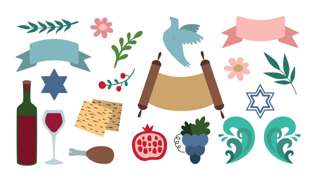 Big Passover set. Wine, matzo, fruit, torah. Vector isolated elements for holiday design.