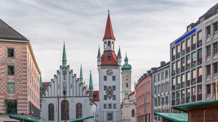 Marienplatz with the old Munich town hall and the Talburg Gate timelapse, Bavaria, Germany.