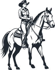 Cowboy girl in a hat rides a horse, vector illustration - 736178696