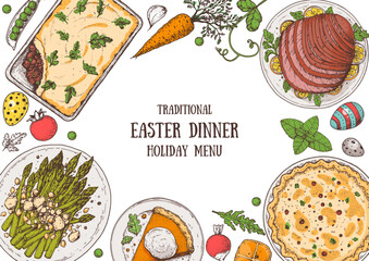 Easter food hand drawn. Vector illustration. Festive table with Easter food. Hand drawing illustration. Menu set.