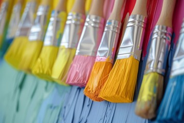 Fototapeta premium Paint brushes in a row on a blue background, close-up