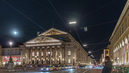Munich National Theatre on the Max Joseph square night timelapse. Germany