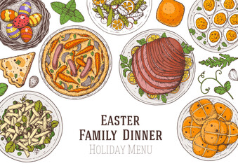 Easter food hand drawn. Vector illustration. Festive table with Easter food. Hand drawing illustration. Menu set.