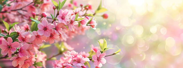 Obraz premium Spring banner with lovely pink cherry flowers bloom