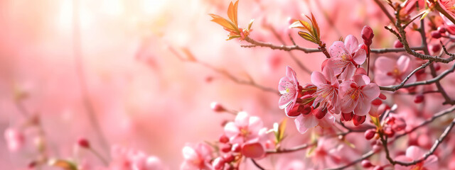Spring banner with lovely pink cherry flowers bloom