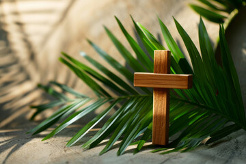 Palm Sunday background Wooden cross and palm leaves on neutral background with copy space for text. Christianity, faith, religious, Holy Week concept - obrazy, fototapety, plakaty