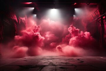 Red smoke stage studio. Abstract fog texture. - obrazy, fototapety, plakaty