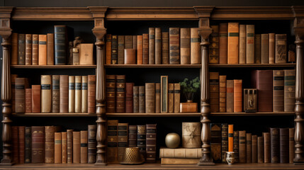 Antique books on wooden shelves. Library books on shelve