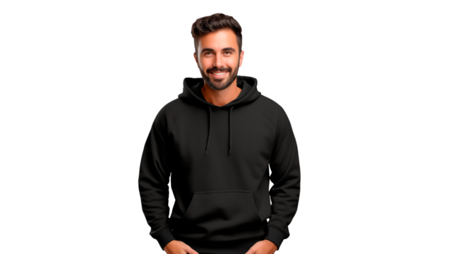 Man in black hoodie mockup cut out. Happy man in sweatshirt on transparent background