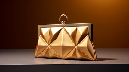 A sleek metallic gold clutch for women, contemporary craftsmanship, and a metallic gold finish, mockup, set on a matte clay background