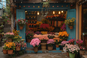 Fototapeta na wymiar The flower shop is decorated with colorful flowers.