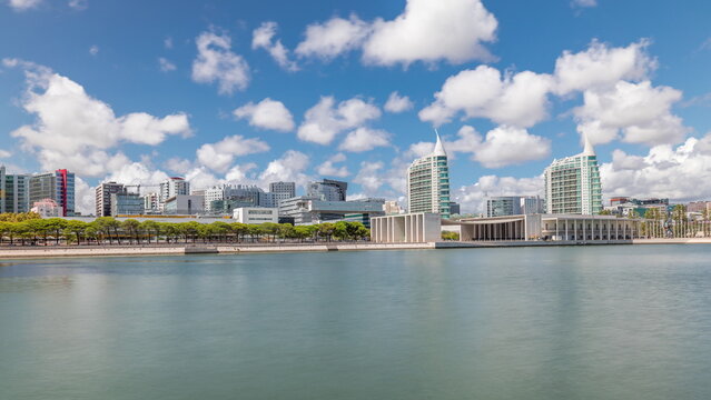 Panorama showing Parque das Nacoes or Park of Nations district timelapse in Lisbon, Portugal.