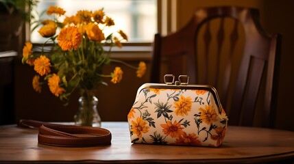 A retro floral-patterned clutch for women, artisan craftsmanship, and a vintage floral print, mockup, showcased on a matte clay surface - obrazy, fototapety, plakaty