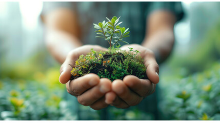Naklejka na ściany i meble world saving concept Hands are holding growing tree seedlings