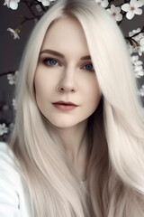 pretty woman with long, white hair standing in front of a tree with white blossoms, ai generative