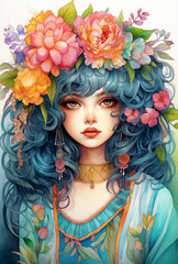 a painting of a woman with flowers on her head and blue hair and a blue dress with a flower on her head, generative ai