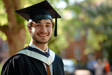 Young Male Graduate at Commencement Ceremony. Portrait of a young man in graduation attire, with peers in soft focus background at a commencement event.