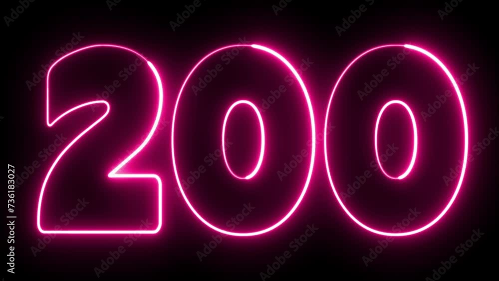 Poster 200 text font with light. luminous and shimmering haze inside the letters of the text 200. 200 neon 
