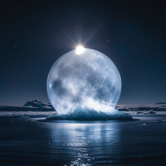 The circle is white like a crystal ball and has a diamond ring light on top. Floating above the surface of the water in a dark atmosphere, global warming effect to ice berg by generative AI.