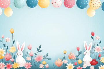 Colourful easter banner with bunnies, eggs and flowers