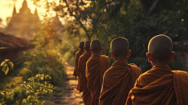 Buddha monks are walking in a neat row with full of yellow and orange.
